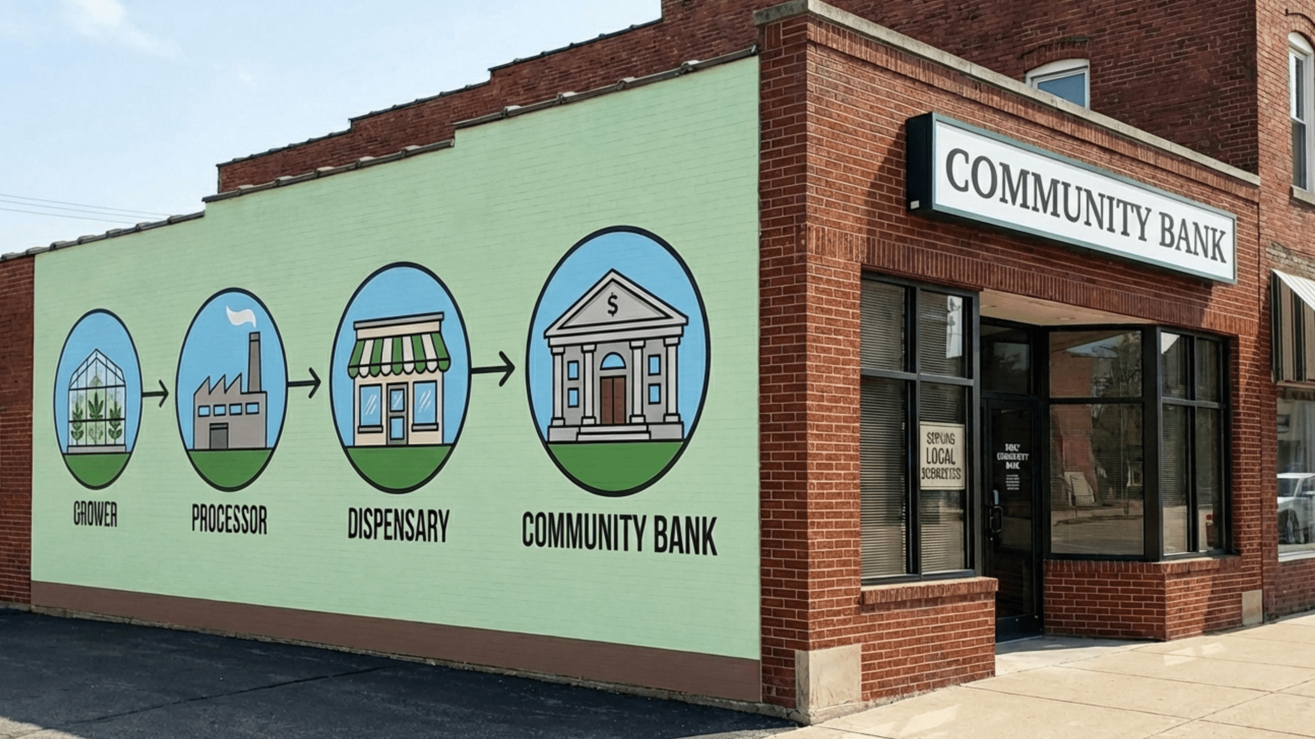 Cannabis banking illustrated through the supply chain from grower and processor to dispensary and community bank