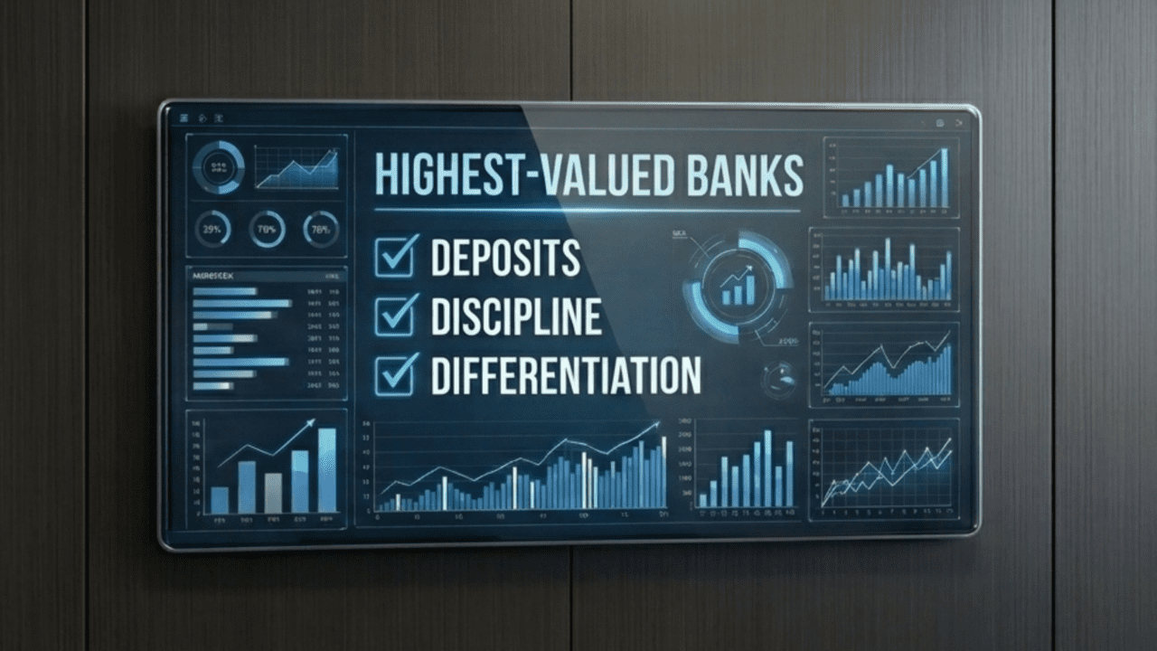Highest-valued banks analysis showing deposits, discipline, and differentiation with banking performance charts and valuation metrics