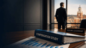 Executive reviewing comp data and compensation study binder in office, illustrating challenges in using comp data for bank hiring decisions