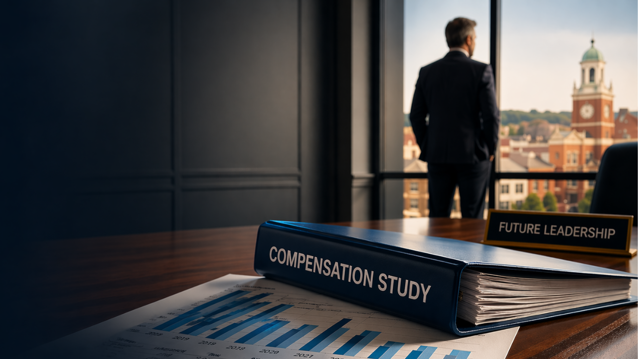 Executive reviewing comp data and compensation study binder in office, illustrating challenges in using comp data for bank hiring decisions