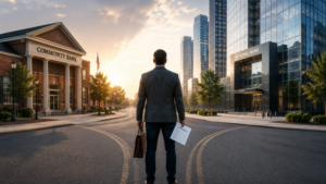 Businessman choosing between a community bank and a national bank, illustrating how business account opening drives deposit growth — a challenge Linker Finance helps solve for community banks.
