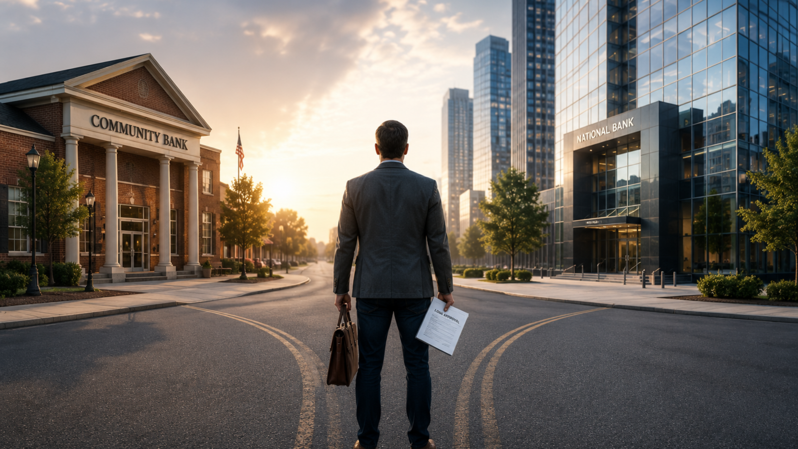 Why Community Banks Win the Loan But Lose the Deposits 8 Businessman choosing between a community bank and a national bank, illustrating how business account opening drives deposit growth — a challenge Linker Finance helps solve for community banks.
