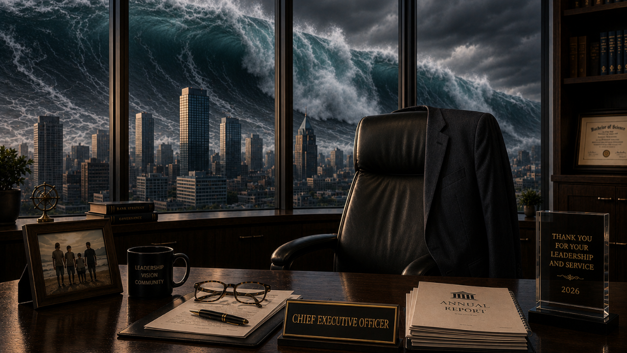A Retirement Tsunami? What CEO Age Signals About Succession 1 Executive office overlooking a city skyline as a massive tsunami approaches, symbolizing the coming wave of CEO retirements and bank succession planning.